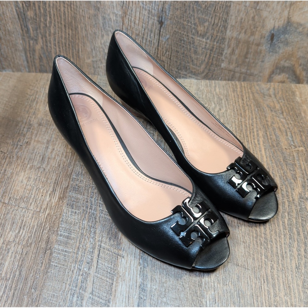 Tory Burch Black Peep-Toe Leather Heels